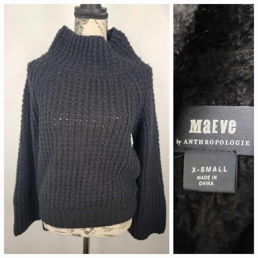 Maeve by Anthropologie Sweater XS Dionne Bell Sleeves Open Knit Cowl Black